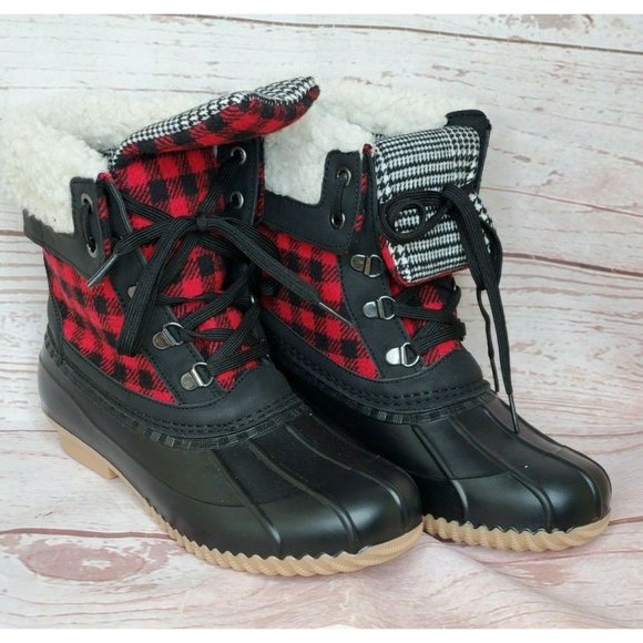 Nature Soft Comfortable Black Red Plaid Faux Fur Rain Snow Boots Cozy Size 8M - Picture 12 of 12